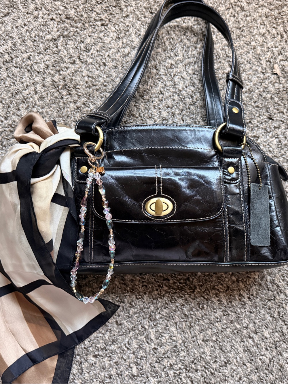 Black Leather Turn-Lock Shoulder Bag